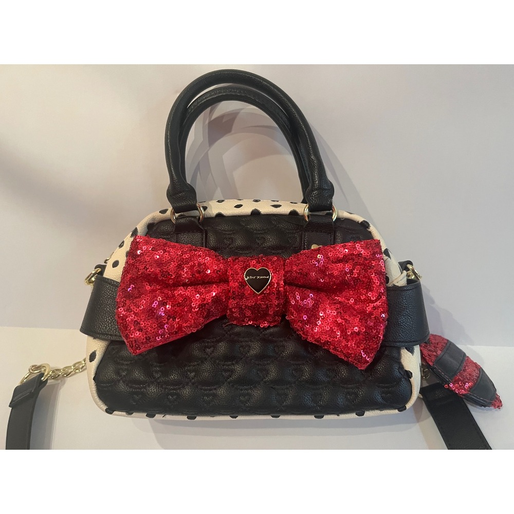 Betsy Johnson Purse Bag Handbag Black White Polka Dot Pink Sequin Bow With Strap